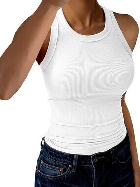 Women's Tank Tops High Neck Sleeveless Ribbed Tank, WHITE, Size MEDIUM